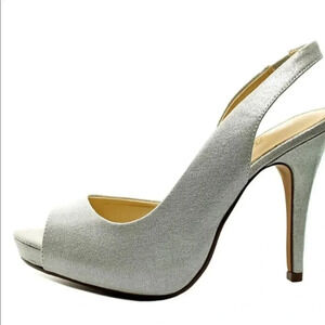 Lulu Townsend Silver PeepToe Canvas Slingback Heel